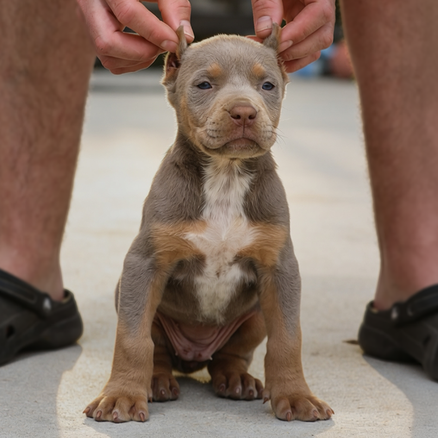 A detailed full-body portrait of a sitting lilac tri color female XL American Bully puppy, displaying her specific coat pattern of a lilac body with distinct tan points on the legs and face, and a white chest marking.